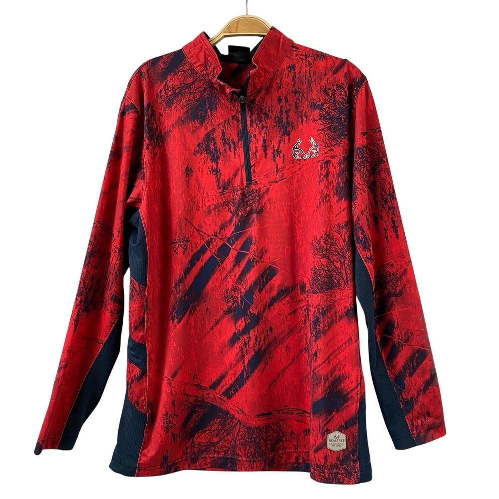 Realtree Pro-Series 1/4 Zip Pullover Fishing Shirt Men M Red AOP Abstract Print